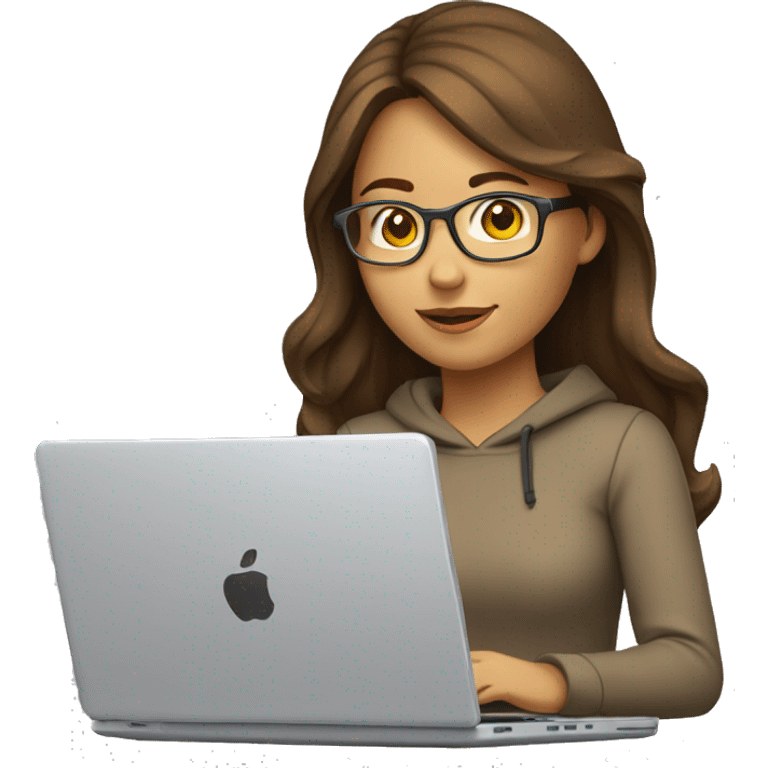 software engineer female with apple laptop. facing the left side while looking at her laptop. very long wavy brown hair, brown eyes, tan skin, yellow sweatshirt, no glasses emoji