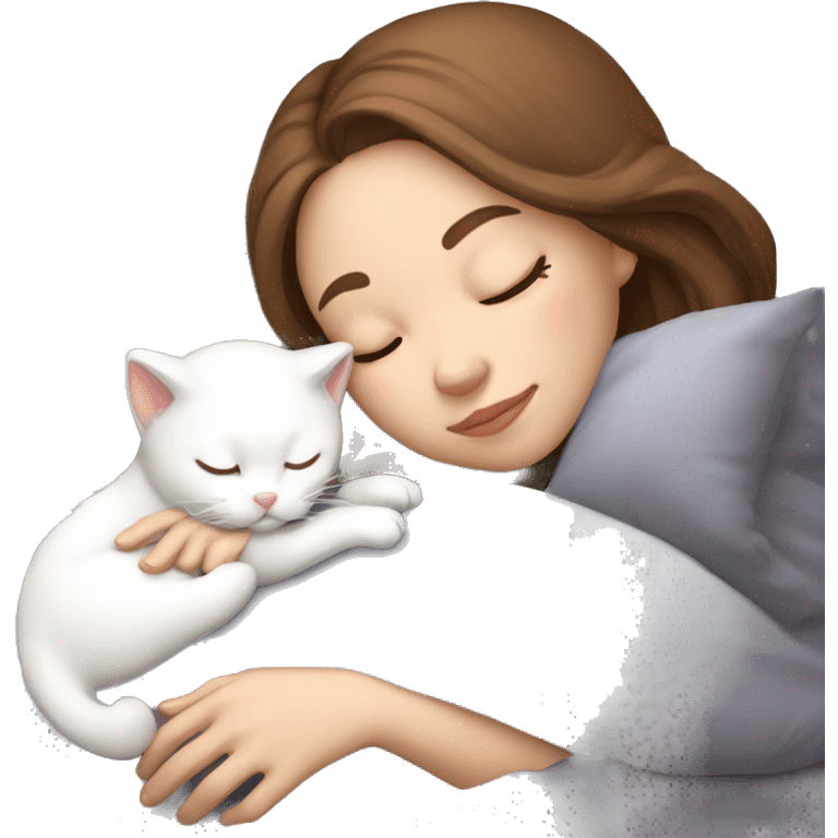 White girl brown hair sleeping with white kitty emoji