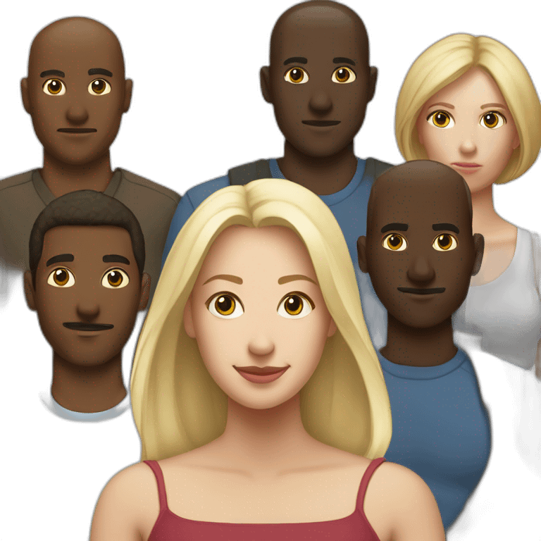 six dark-skinned men stand behind a pale blonde woman emoji