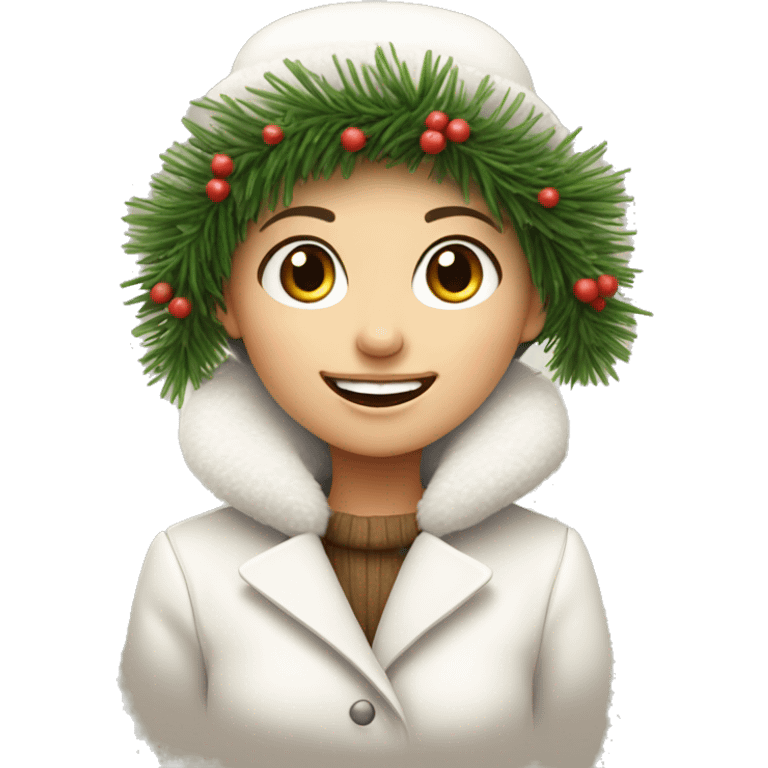 A smiling girl in winter in a white fur coat and a hat without fur with a paper bag in which the branches were spruce emoji