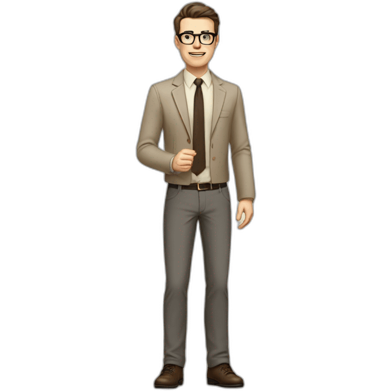 Full height Actively Gesturing Pale skinned fit man with dark brown hair in gray jacket, beige office shirt, brown tie, brown pants and vintage glasses. emoji