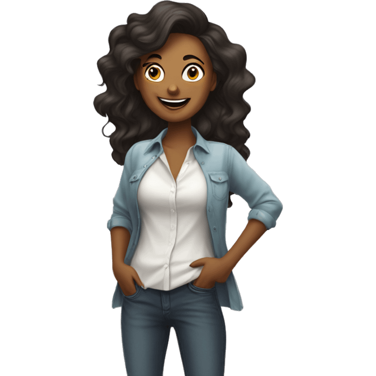 Happy vixen stands in a shirt, and uses her favourite app in the phone. She holds her phone and stares in it. emoji