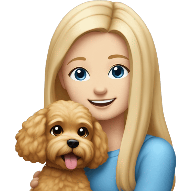 Blonde girl with very long straight hair and blue eyes is hugging a small caramel maltipoo and the dog is smiling  emoji