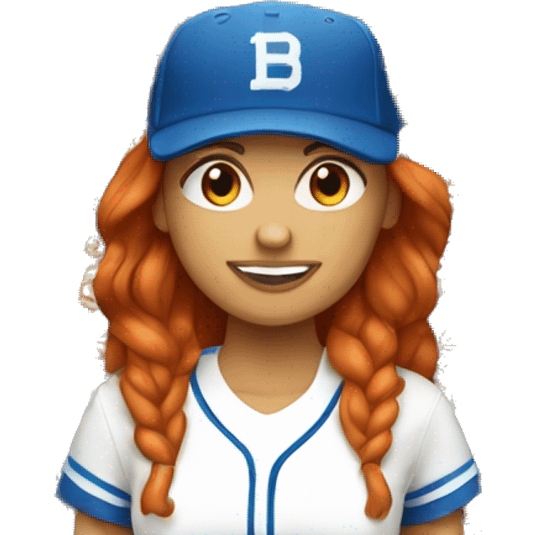 standing up white female coach with long red hair in white t-shirt and with a simple blue baseball hat emoji