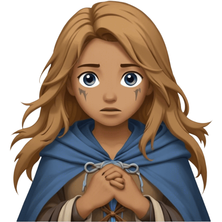 A young human woman with long, unkempt golden-brown hair, piercing blue-gray eyes filled with quiet determination. Dressed in a worn tunic and a tattered cloak, her calloused hands grip a bow, a hunter surviving against the odds. emoji