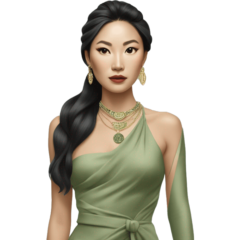 Aesthetic rich Asian woman in sage green Versace dress and Cartier jewelleries emoji