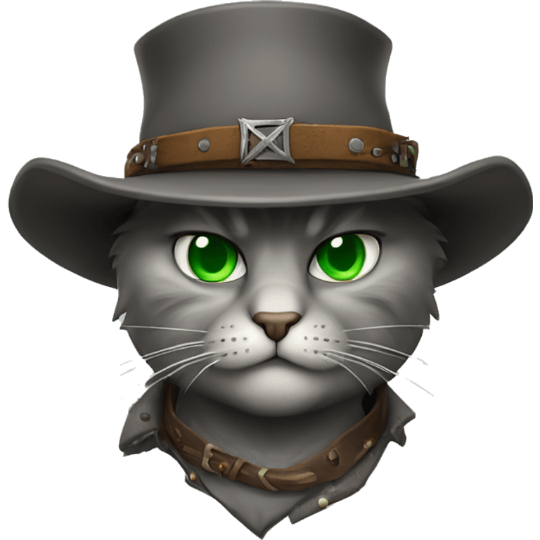 angry gray cat with green eyes dressed like an old west outlaw emoji