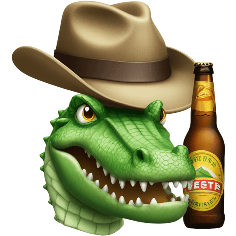 green and white crocodile head with brown fedora next to a beer bottle emoji