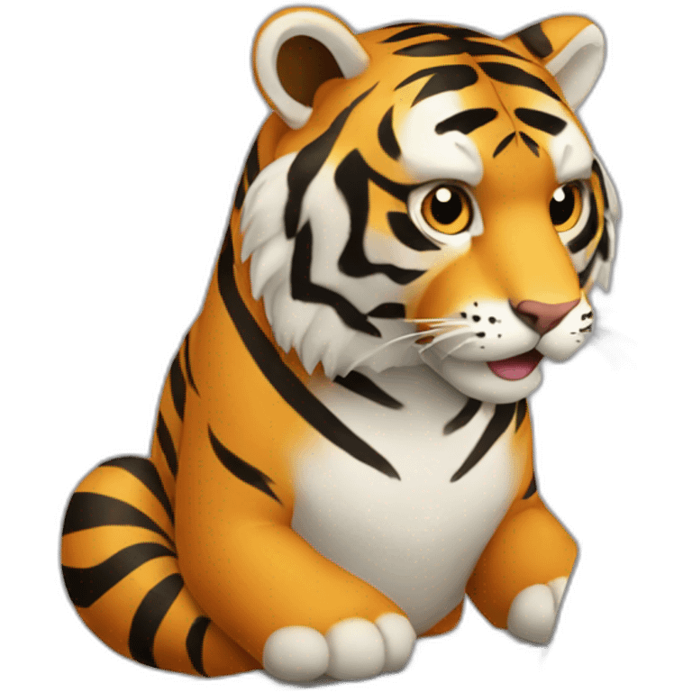 A tiger who study on a laptop with the word "AVEX" on the laptop emoji