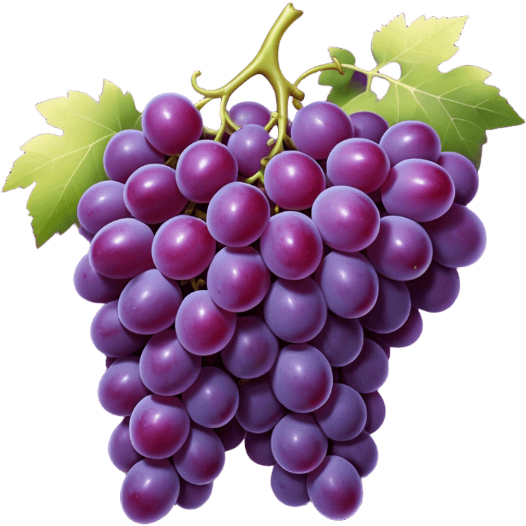 Cinematic Realistic Grapes Emoji, Clustered together in rich purple hues, with smooth, plump skins reflecting light in a glossy, delicate sheen. The stems curve slightly, holding the clusters together like a sweet, natural treasure. Soft glowing outline, capturing the essence of natural sweetness and richness in a bunch of ripe grapes! emoji