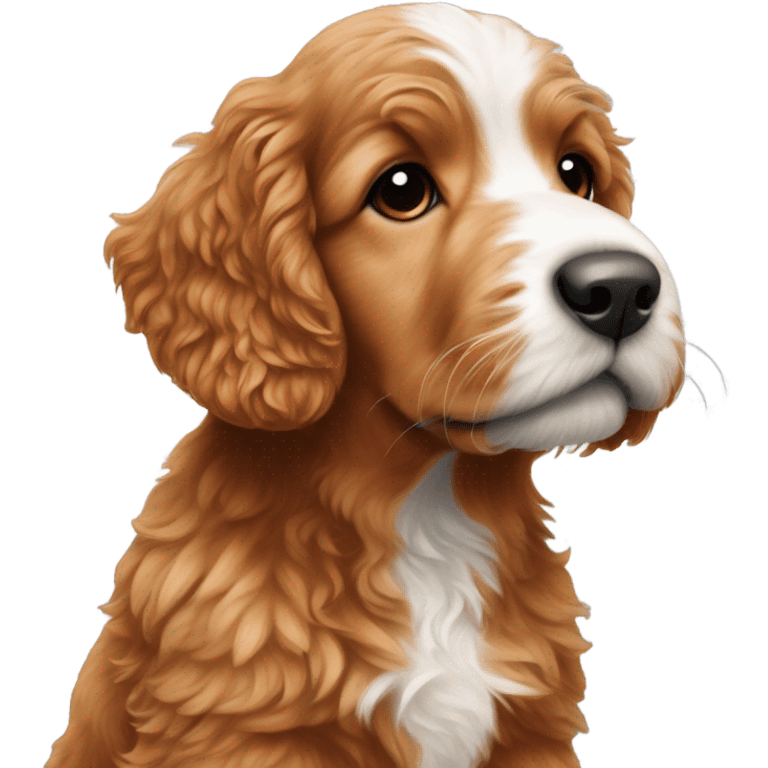 Red goldenoodle puppy with white tuft at end of nose and white spot on top of head emoji