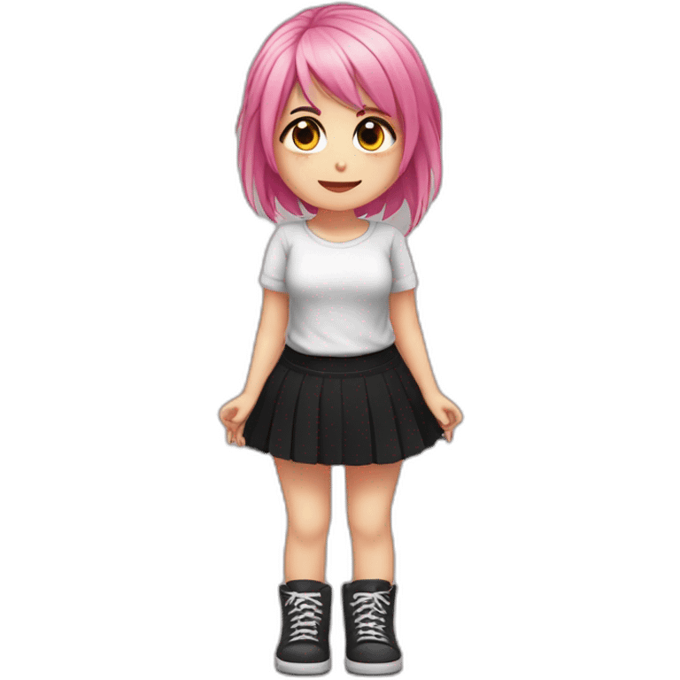 Full body Front view curvy emo girl pink hair sits on the floor straight view hands up black skirt белые трусики полосатые рваные чулки emoji