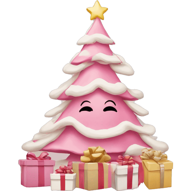 pink christmas tree with white and cream colored presents underneath emoji