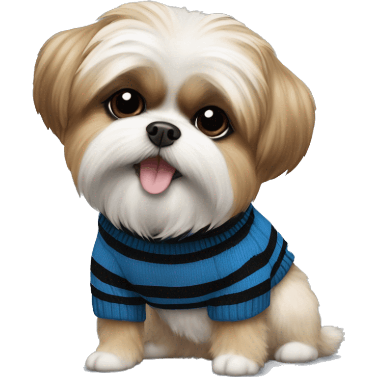 Shih Tzu and Pomeranian dog mix with a blue and black stripped sweater on and a black collar  emoji