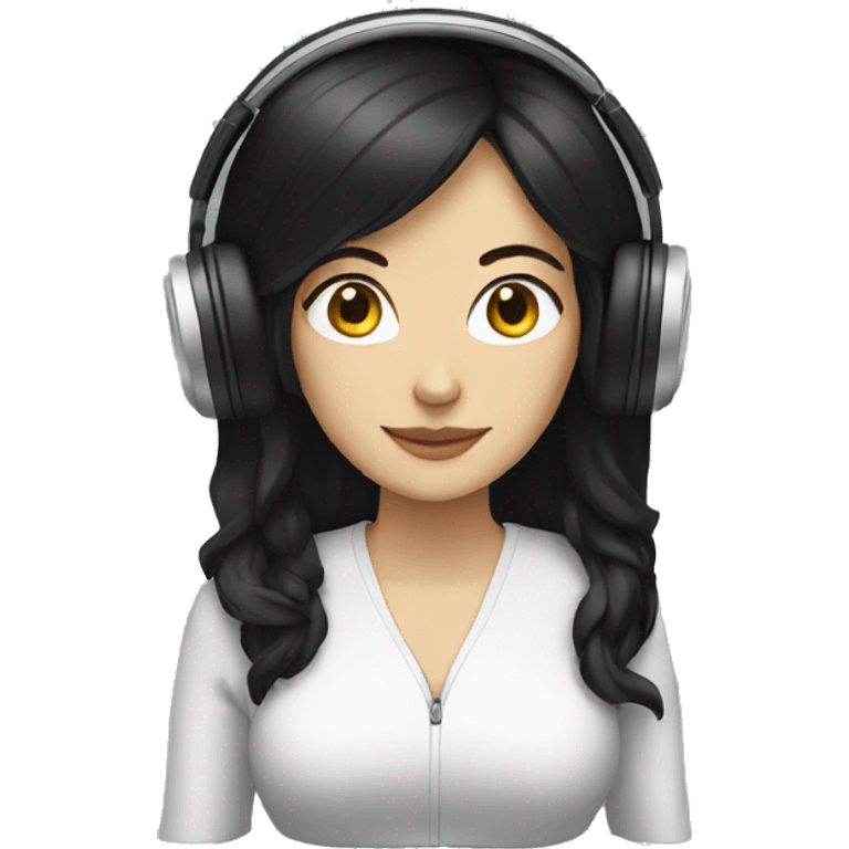 white woman with black hair and with headphones emoji