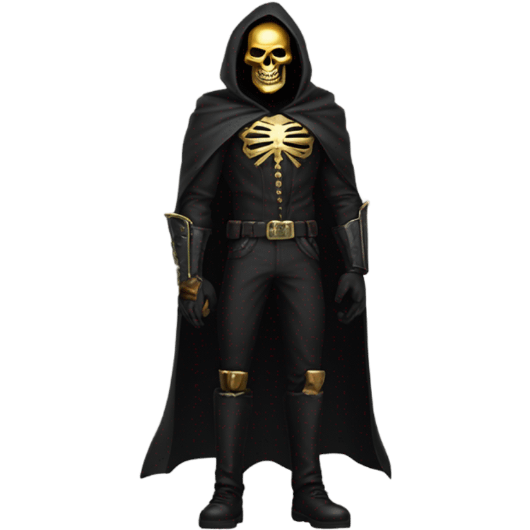 Bounty Hunter Boss with black cape and a gold skull jaw mask from death Stranding, full body view emoji