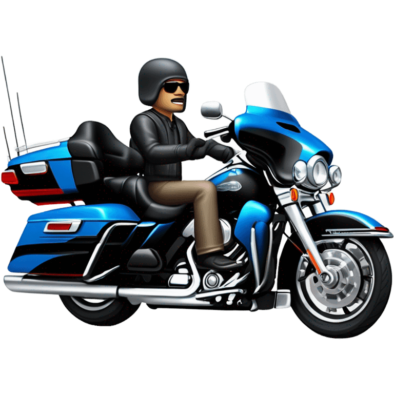 angled view of a harley davidson electra glide ultra classic with big blue pearl and vivid black two color paint scheme with midsize recurve windshield, a radio antenna, a citizen's band radio antenna and an older white man with a durag sitting on the front seat. emoji