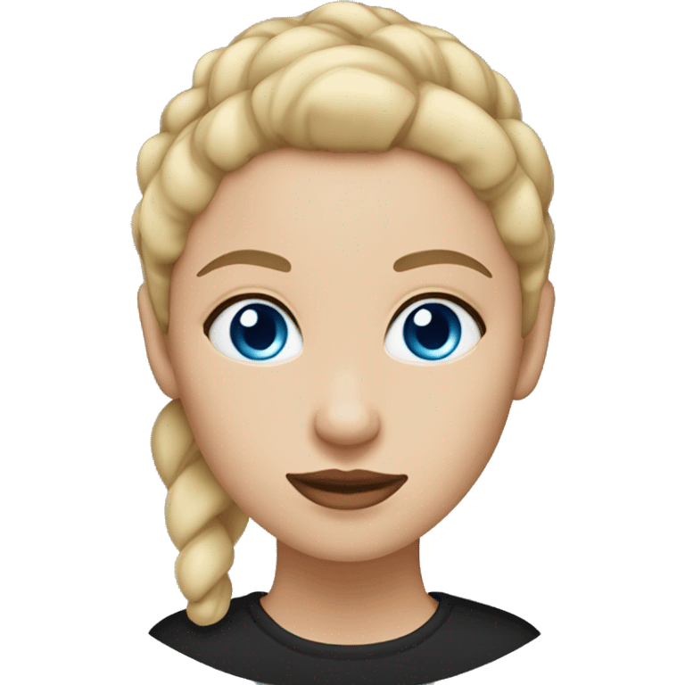 a woman with blue eyes, light skin, blonde straight hair with a bun. black shirt. emoji