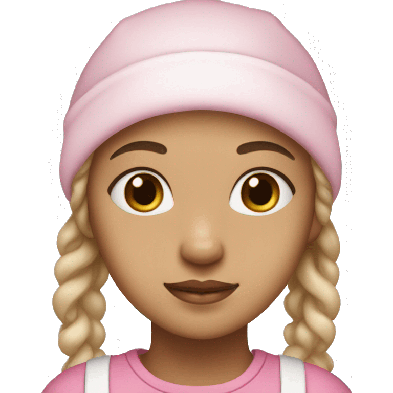 A light skin girl that has light brown eyes and a white dog and she has a pink bonnet on emoji