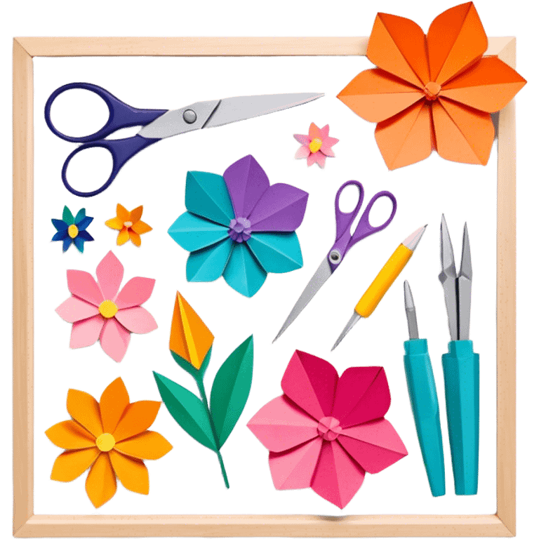 Paper crafting icon, various paper crafts like origami, 3D paper flowers, and scrapbooking materials, visible tools such as scissors, glue stick, and colour paper sheets, colorful paper patterns, minimalistic style, clean lines, transparent background. emoji