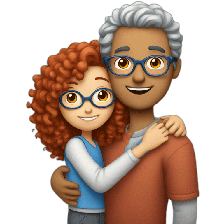 a girl with red curly hair and blue glasses hugging a boy with gray hair emoji