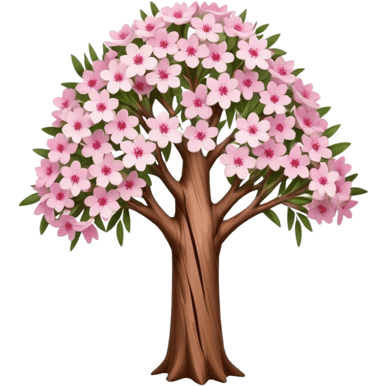 Cinematic Realistic Melaleuca Emoji, Elegant and resilient, with peeling, papery bark and delicate, needle-like leaves. The tree stands tall and graceful, with clusters of white and pink flowers dotting the branches. Soft glowing outline, capturing the essence of natural elegance and resilience in a beautiful melaleuca tree! emoji