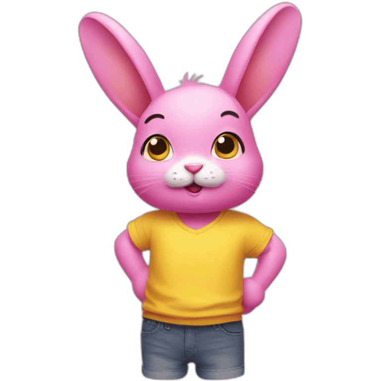 Pink rabbit in yellow teeshirt shrugging shoulders emoji