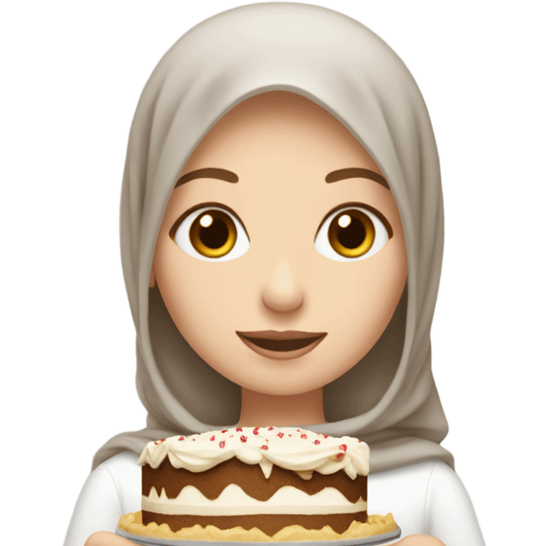 white girl with light brown hijab and eating cake emoji