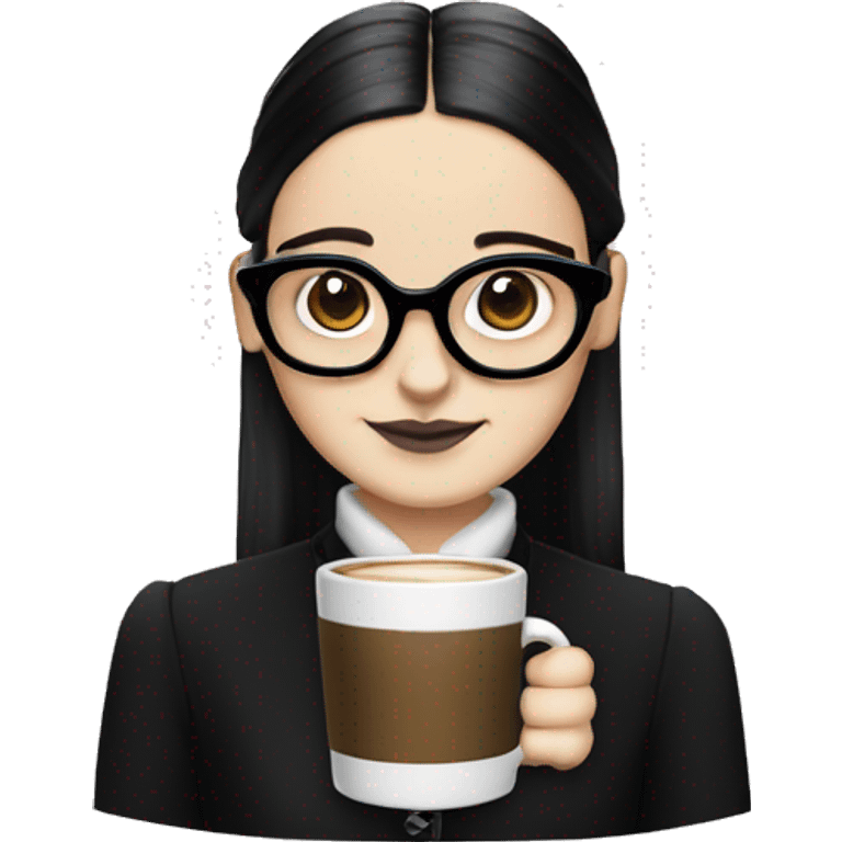 Wednesday Addams wearing square black glasses an holding a steaming coffee  mug  emoji