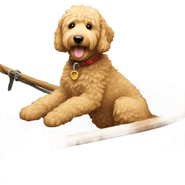 Golden doodle driving a boat emoji