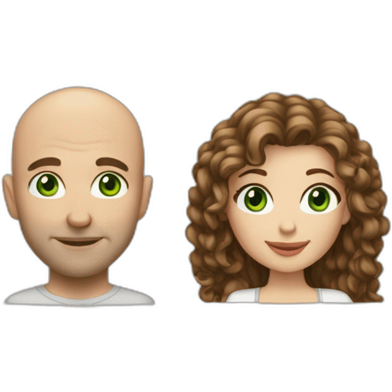 caucasian bald man with green eyes and a caucasian woman with long curly dark hair and brown eyes in love emoji