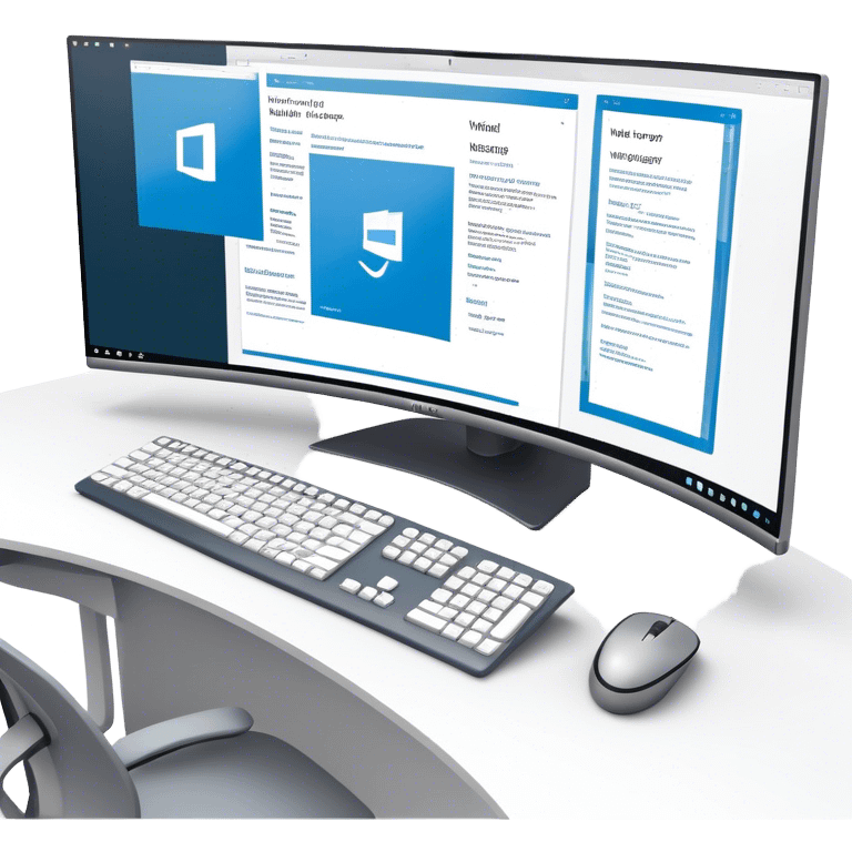 Create an emoji for UX/UI design. Show  large curved monitor displaying windows with UX/UI design HTML program interface. Include a mouse, keyboard, and stylus next to the screens. Use modern, professional colors. Do not include any emojis or smiley faces. Make the background transparent. emoji