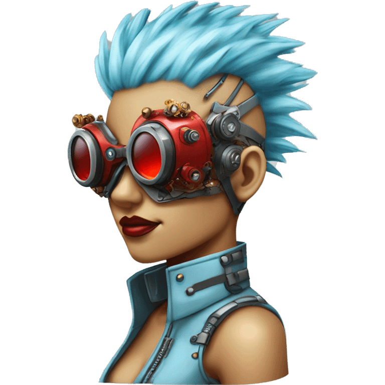 Light blue Mohawk hair female cyborg head with red steampunk goggles and circuits emoji