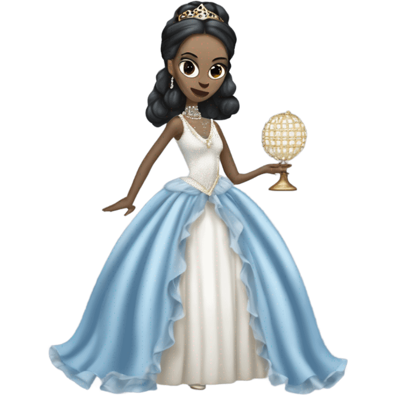 Tall realistic face teen Morticia Addams in as Princess Leia in ruffled pearl-white and blue ballet ball gown with gold accents and accessories  emoji