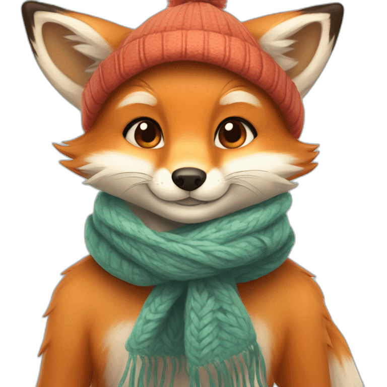 A cute little charming fox cub in a winter hat and scarf emoji