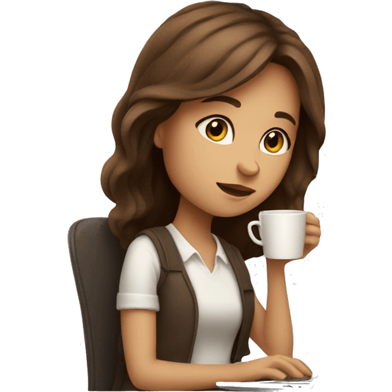 cute girl with brown hair working on laptop and drinking coffee emoji