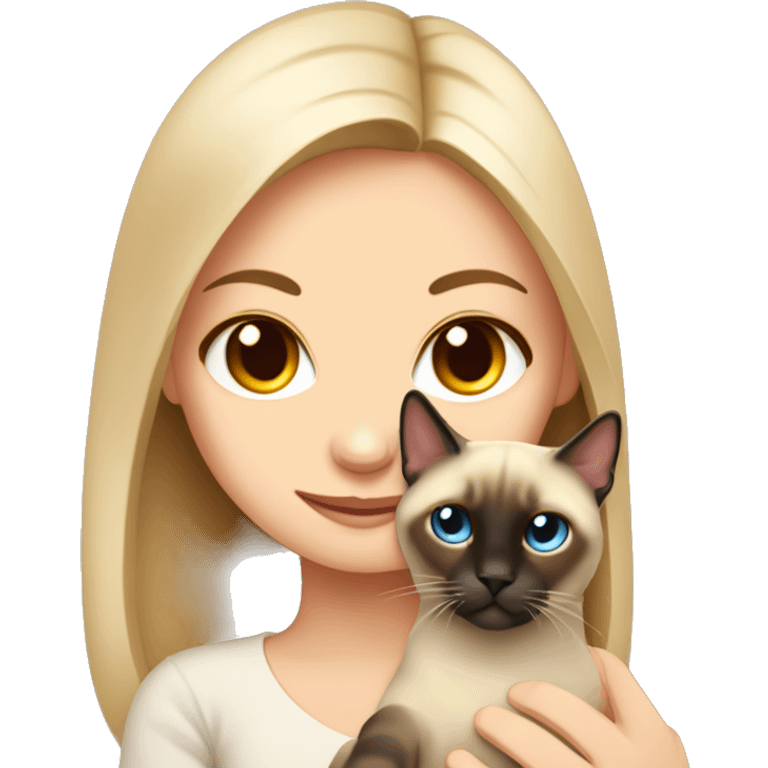 Siamese fold cat in the arms of a fair-haired girl with brown eyes emoji