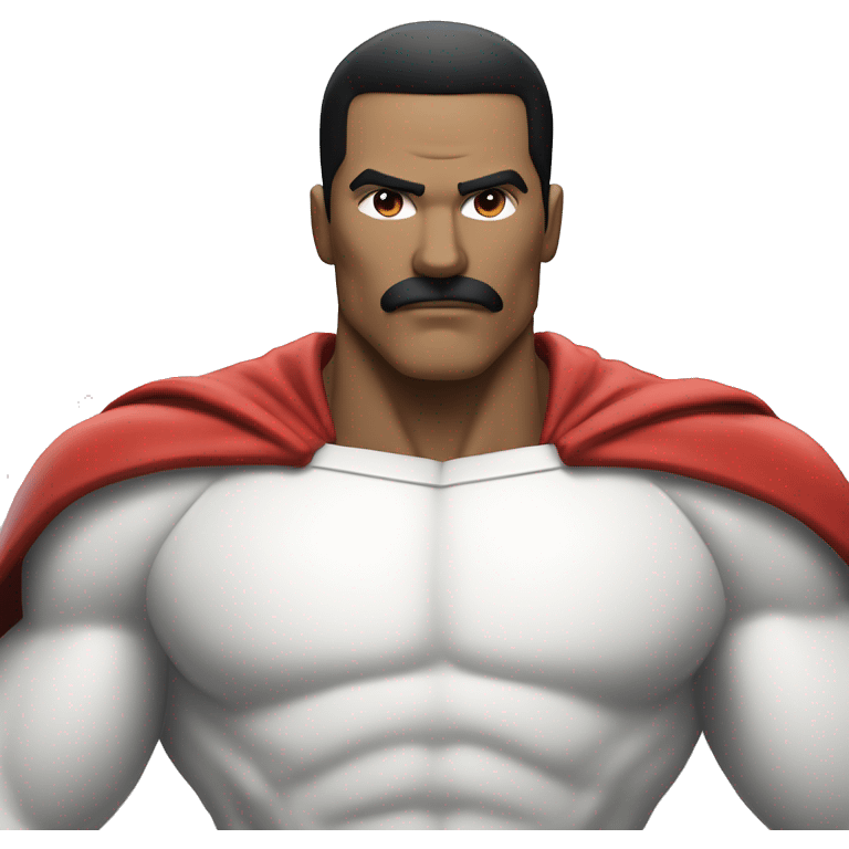  Omni-Man from Invincible. Focus on a strong, muscular figure with a prominent mustache and short black hair. He should be wearing a white suit with red accents—red gloves, boots, and a red cape—along with a bold 'O' symbol on his chest. emoji