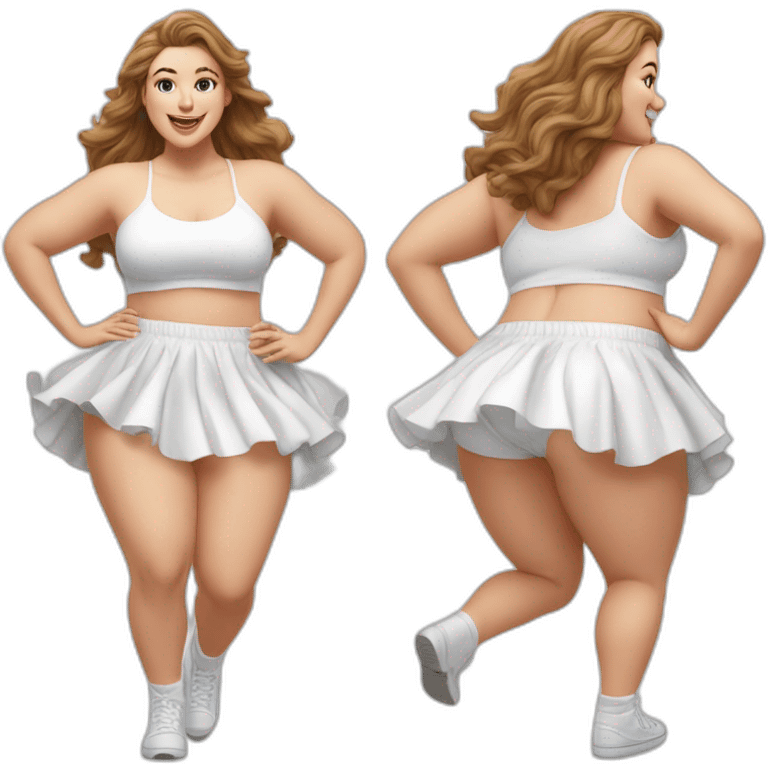 Hyperrealistic Full body Caucasian curvy beauty jumping short white skirt back and front views strong wind knickers long white socks emoji