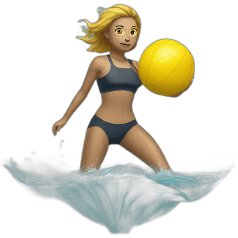 Underwater woman, swimming with fins, snorkel equipement, holding a yellow ball, looking strong and fighting emoji