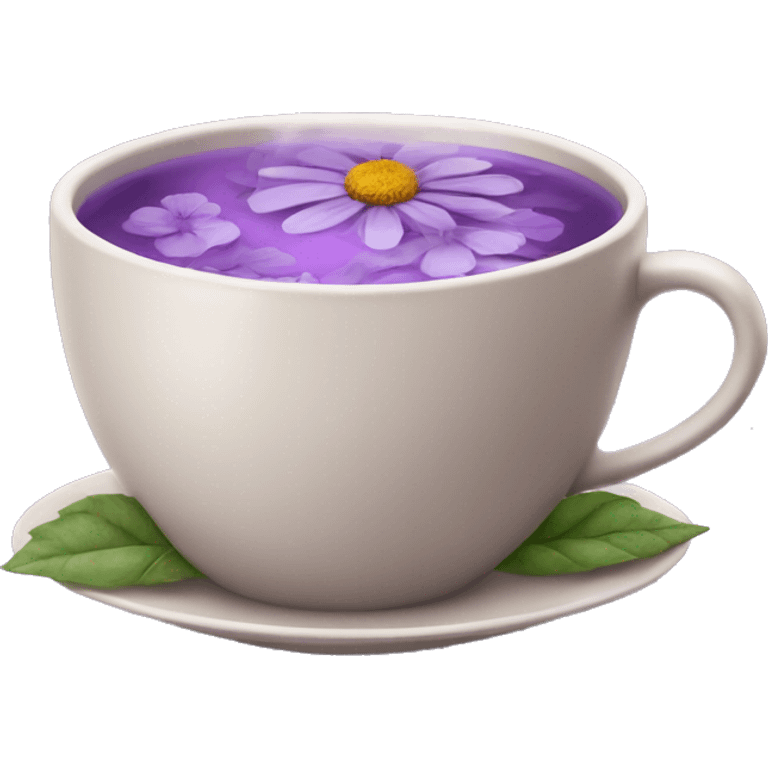 Warm purple cup of herbal tea with flowers floating over it emoji