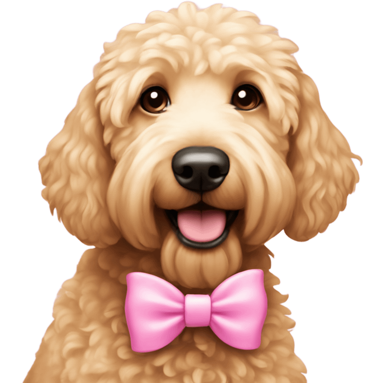 Light colored Golden doodle wearing pink bows emoji