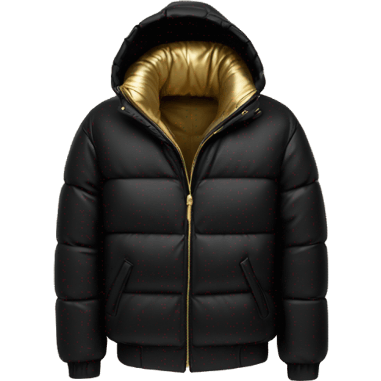 “Create an emoji of a black puffer jacket with a shiny metallic gold inner lining, featuring a hood and a sleek, modern style emoji