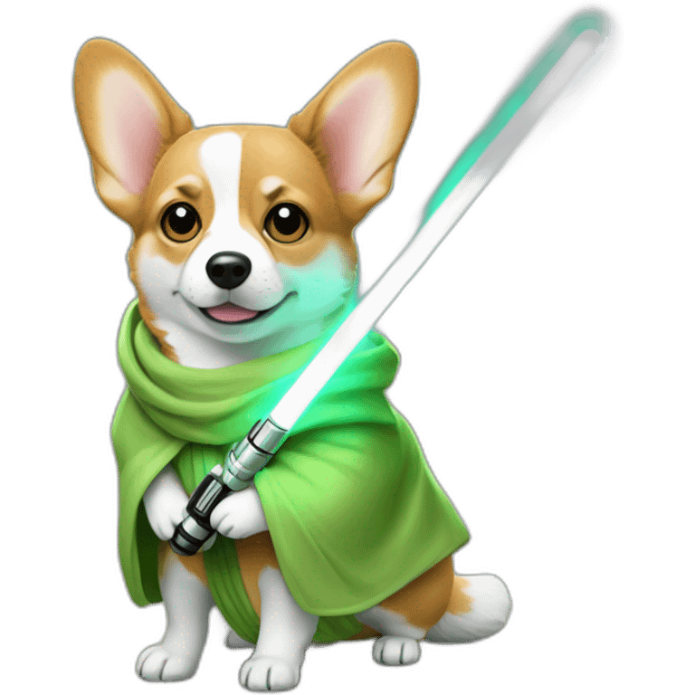 Corgi dress as yoda with one light saber green emoji