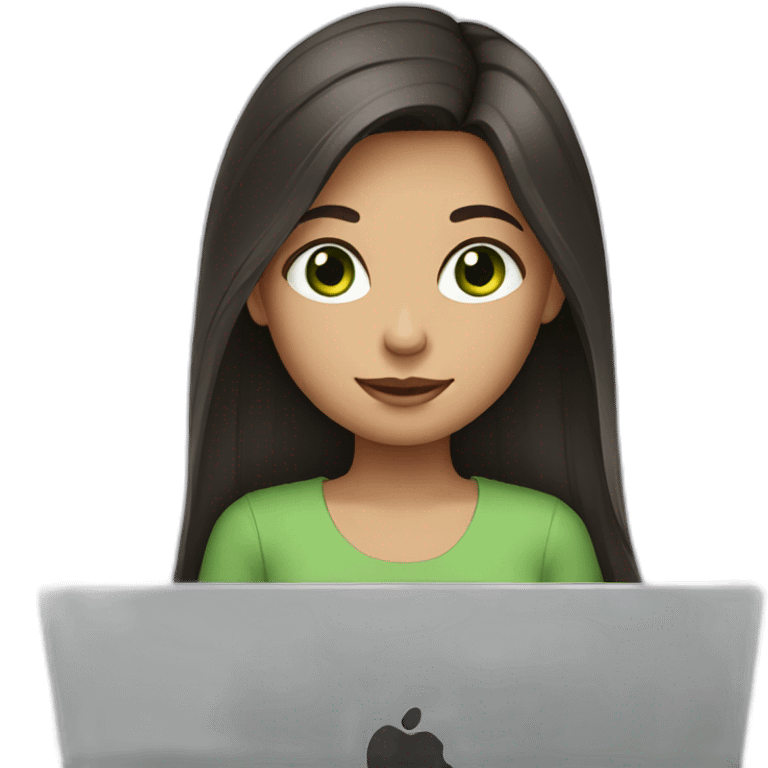 Girl with long dark hair, green eyes and laptop emoji