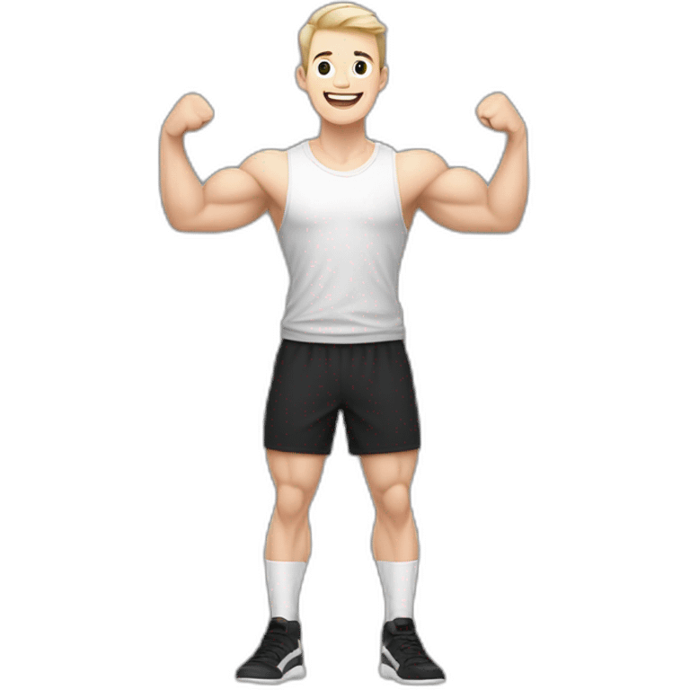 Joyful Celebrating victory Pale skinned Fit Man With the biceps and dark brown hair in black shirt, gray sports shorts and white Sneakers emoji