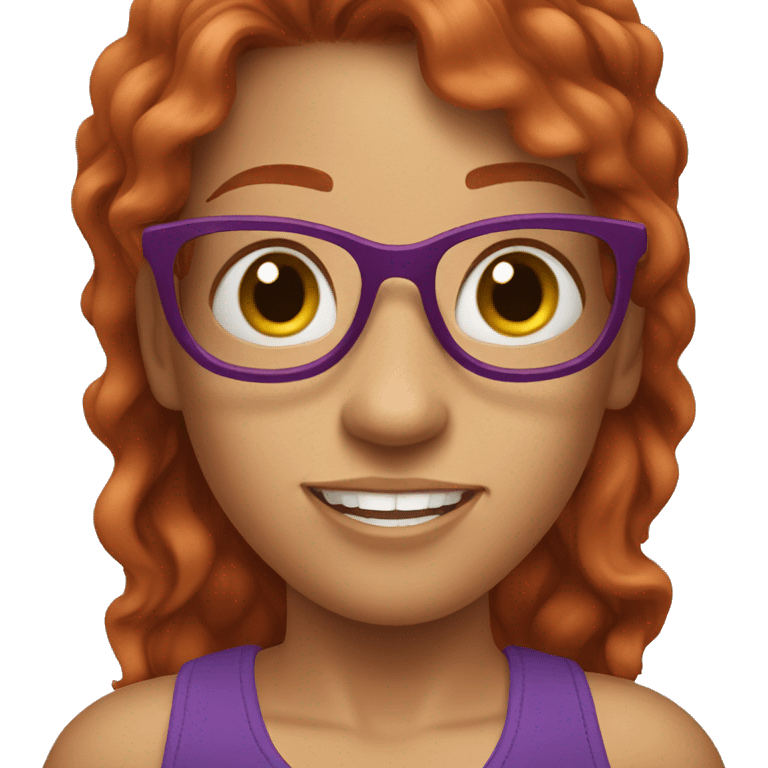 Redheaded girl with glasses and a purple halter top waving emoji