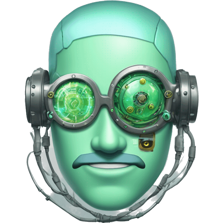 Pastel green haired male cyborg head with monocle and circuitry emoji