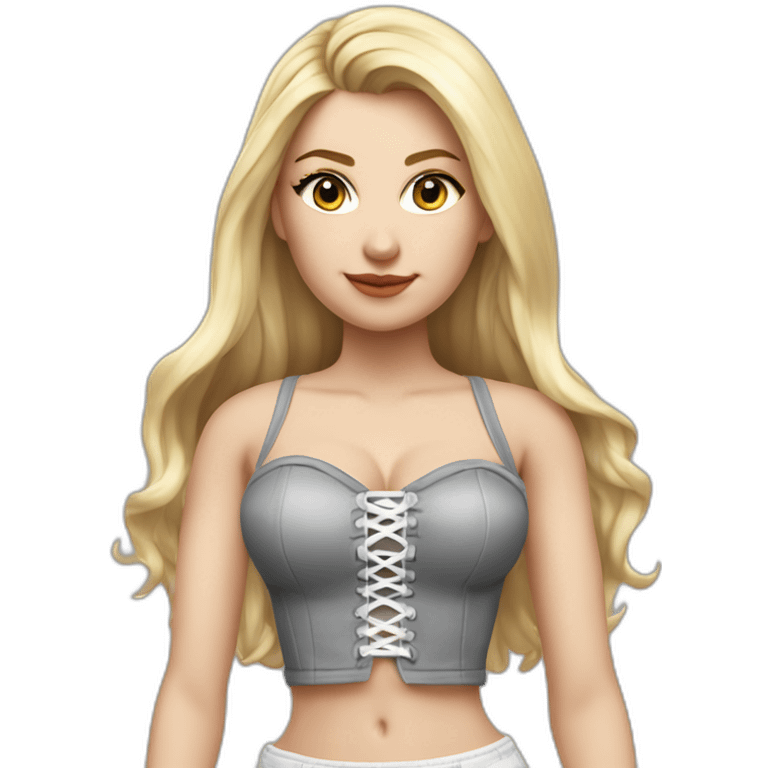 hyperrealistic caucasian female, long straight blonde hair, white laced up bustier, grey mini tight skirt, body view emoji