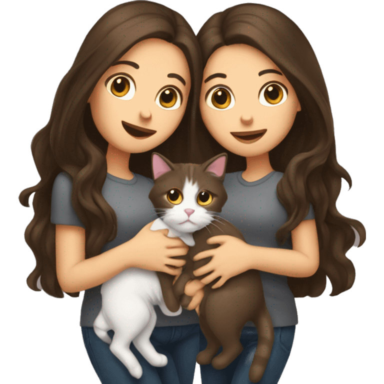 Two long hair brunettes with two cats in hands emoji